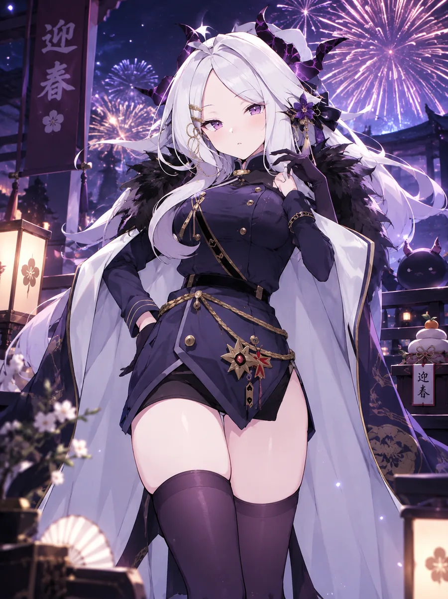 Sorasaki Hina com roupa de Ano-Novo, diante de fogos de artifício roxos