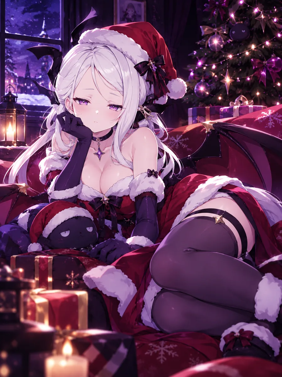 Sorasaki Hina com roupa de Natal, ao lado da árvore e dos presentes